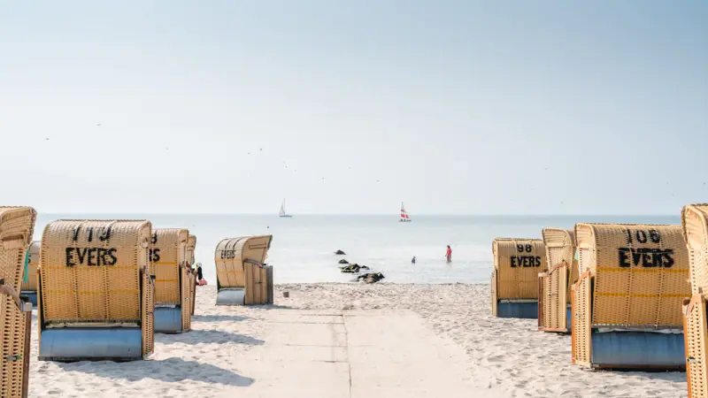 Strand Grömitz Strand mit vielen Stühlen und einem Gewässer im Hintergrund
