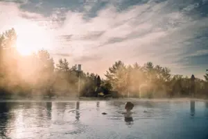 Eine Frau schwimmt in einem warm dampfenden Außenpool umgeben von Bäumen bei aufgehender Sonne.