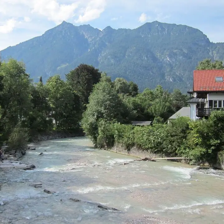 Loisach Ein Fluss fließt durch einen Wald.