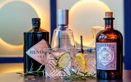 Ein stilvoll gedeckter Bartisch mit zwei Gläsern Gin Tonic, garniert mit Gurken- und Zitronenscheiben sowie frischem Rosmarin. Daneben stehen Flaschen von Hendrick's Gin und Monkey 47 Gin sowie ein Cocktailshaker Ein stilvoll gedeckter Bartisch mit zwei Gläsern Gin Tonic, garniert mit Gurken- und Zitronenscheiben sowie frischem Rosmarin. Daneben stehen Flaschen von Hendrick's Gin und Monkey 47 Gin sowie ein Cocktailshaker