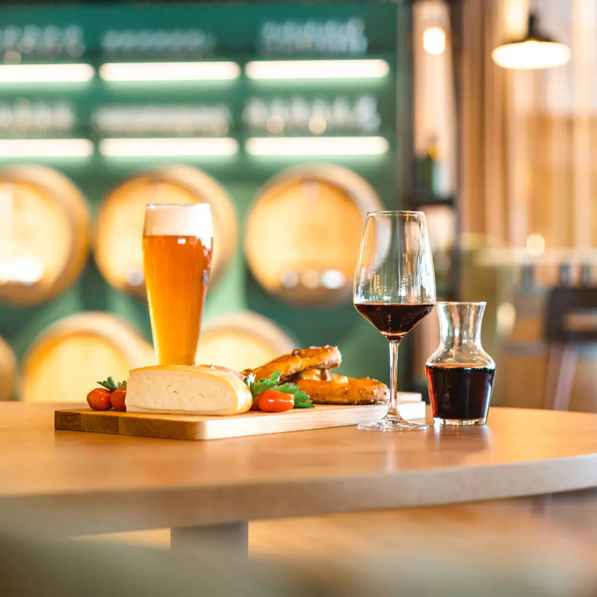 Brotzeit Ein Tisch mit Speisen und Gläsern darauf.