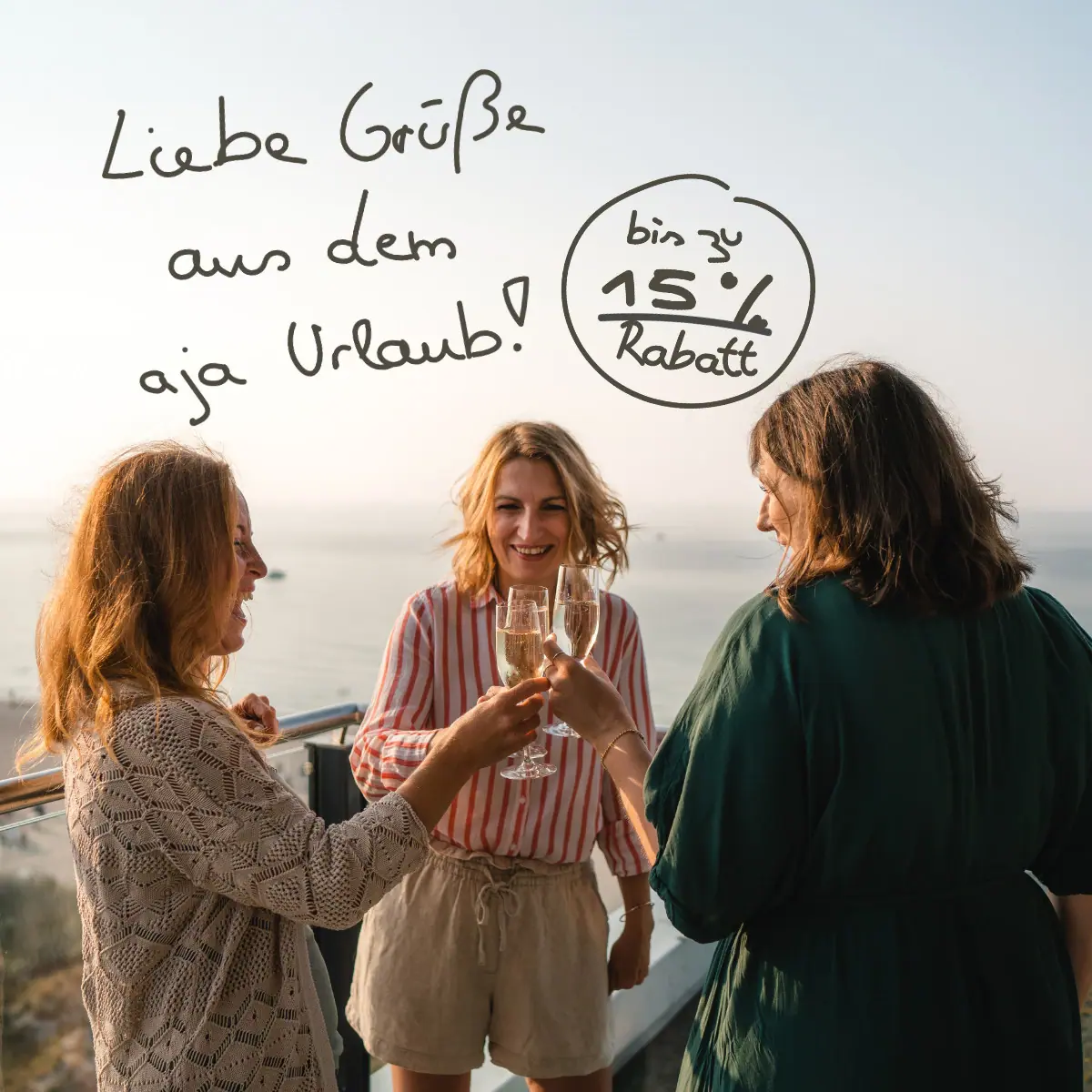 Frühlingswochen Eine Gruppe von Frauen steht auf einem Balkon mit einem Glas Wein.