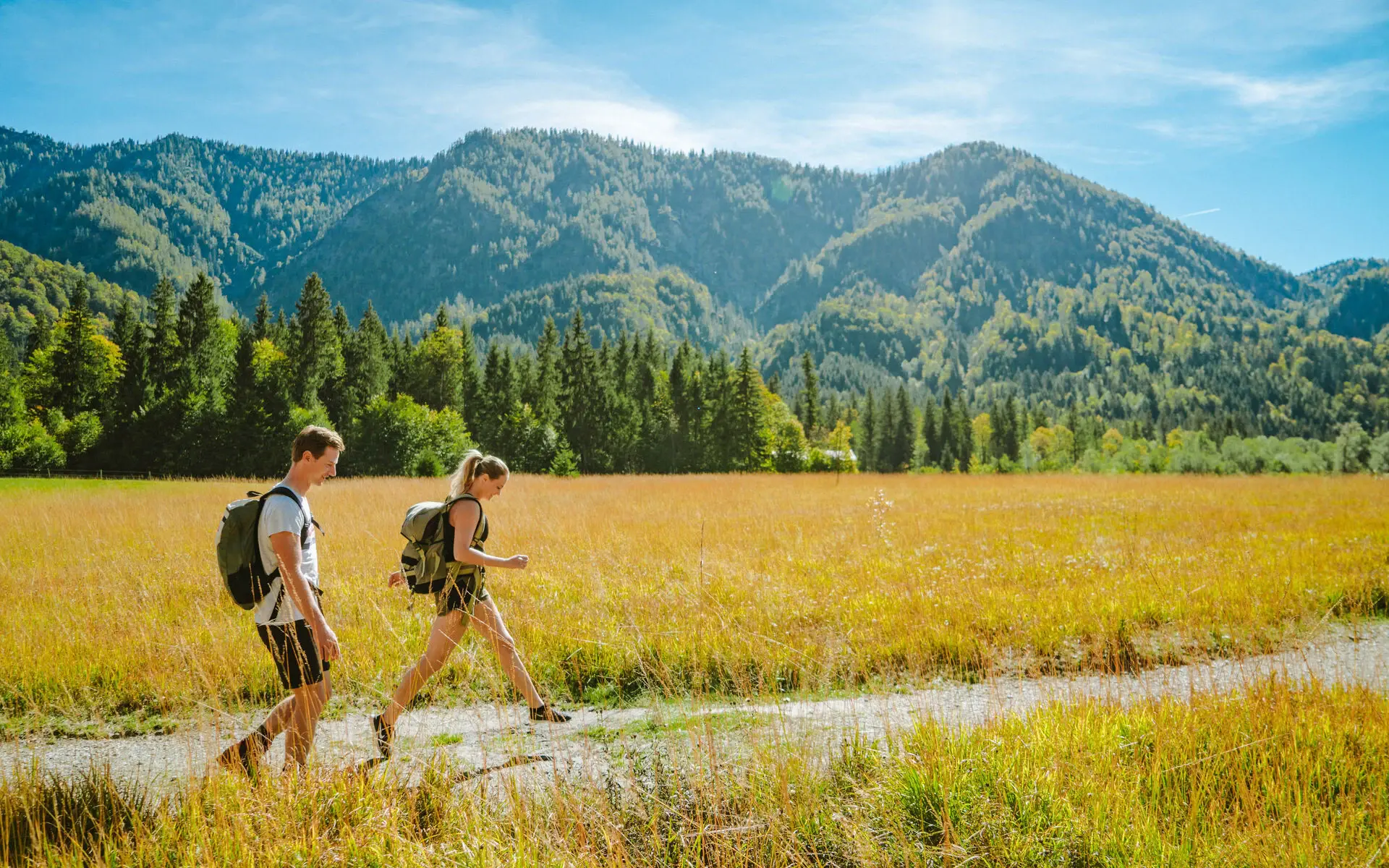 Wandern in Ruhpolding Ein Mann und eine Frau spazieren auf einem Pfad durch ein Feld, im Hintergrund sind Berge zu sehen.