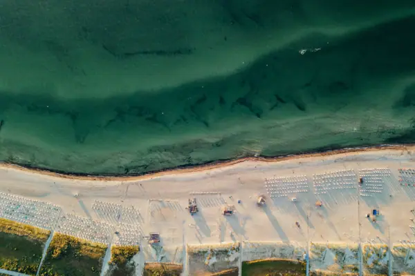 Strand und Meer in Warnemünde Luftaufnahme eines Strandes mit Liegestühlen und Sonnenschirmen