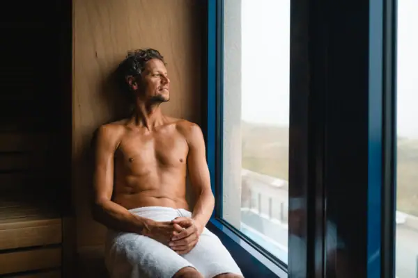 Sauna im aja Warnemünde Ein Mann sitzt auf einer Saunabank und schaut raus aus dem Fenster.