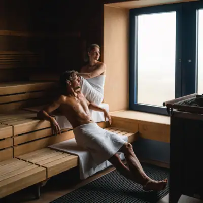 Sauna im aja Warnemünde Ein Mann und eine Frau in einer Sauna.