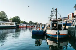 Alter Strom Warnemünde Boote im Hafen unter klarem Himmel, auf dem Wasser liegend.