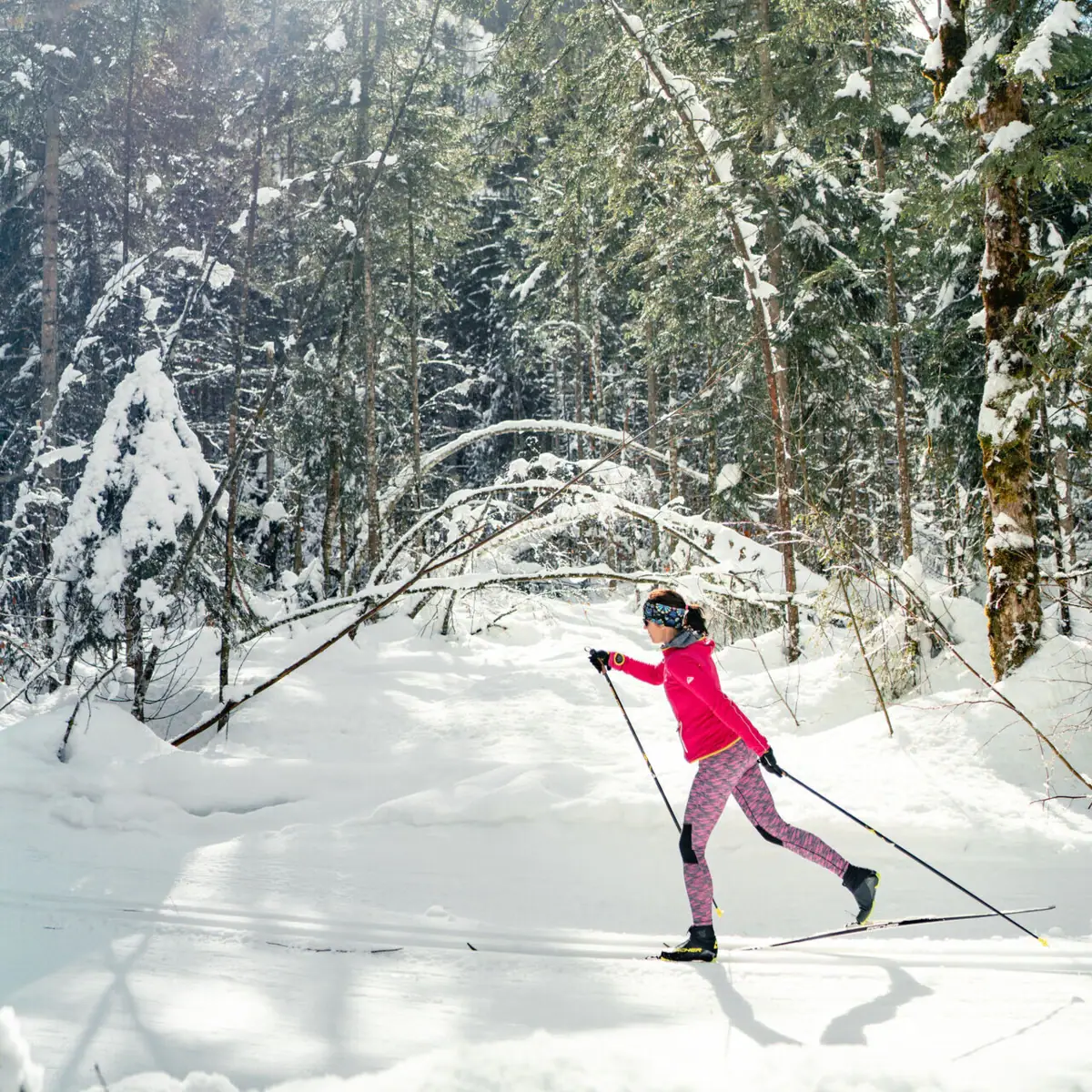 Langlauf Eine Frau beim Langlaufen im Schnee.