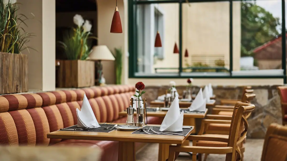 Ein Tisch mit Servietten und einer Blume in einer Vase.