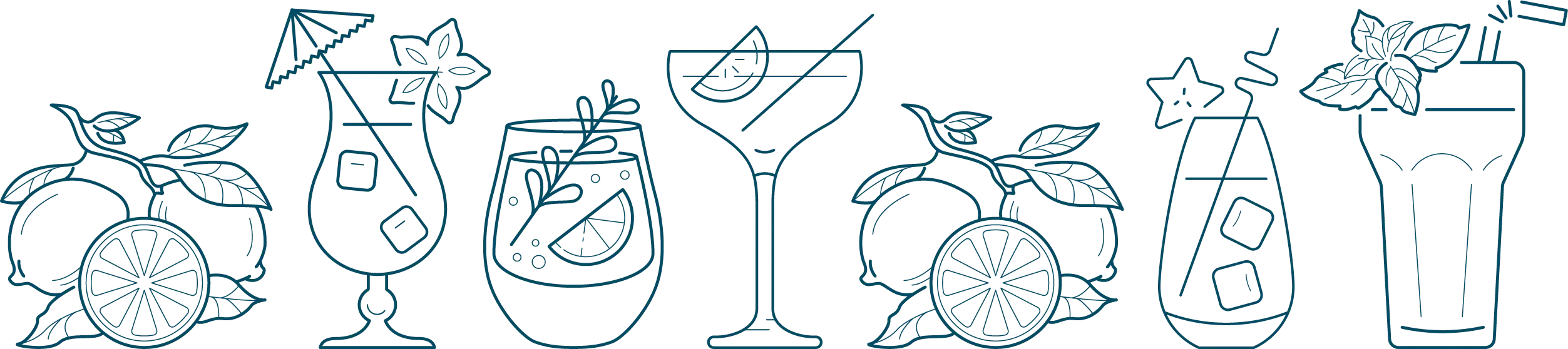 Cocktails
Mehrere Icons von Citrus Früchten, Cocktails und Getränkegläsern nebeneinander.