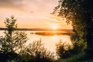 Über einem ruhigen See geht die Sonne auf und taucht das Wasser, den Himmel und die umliegende Natur in goldene Farben.