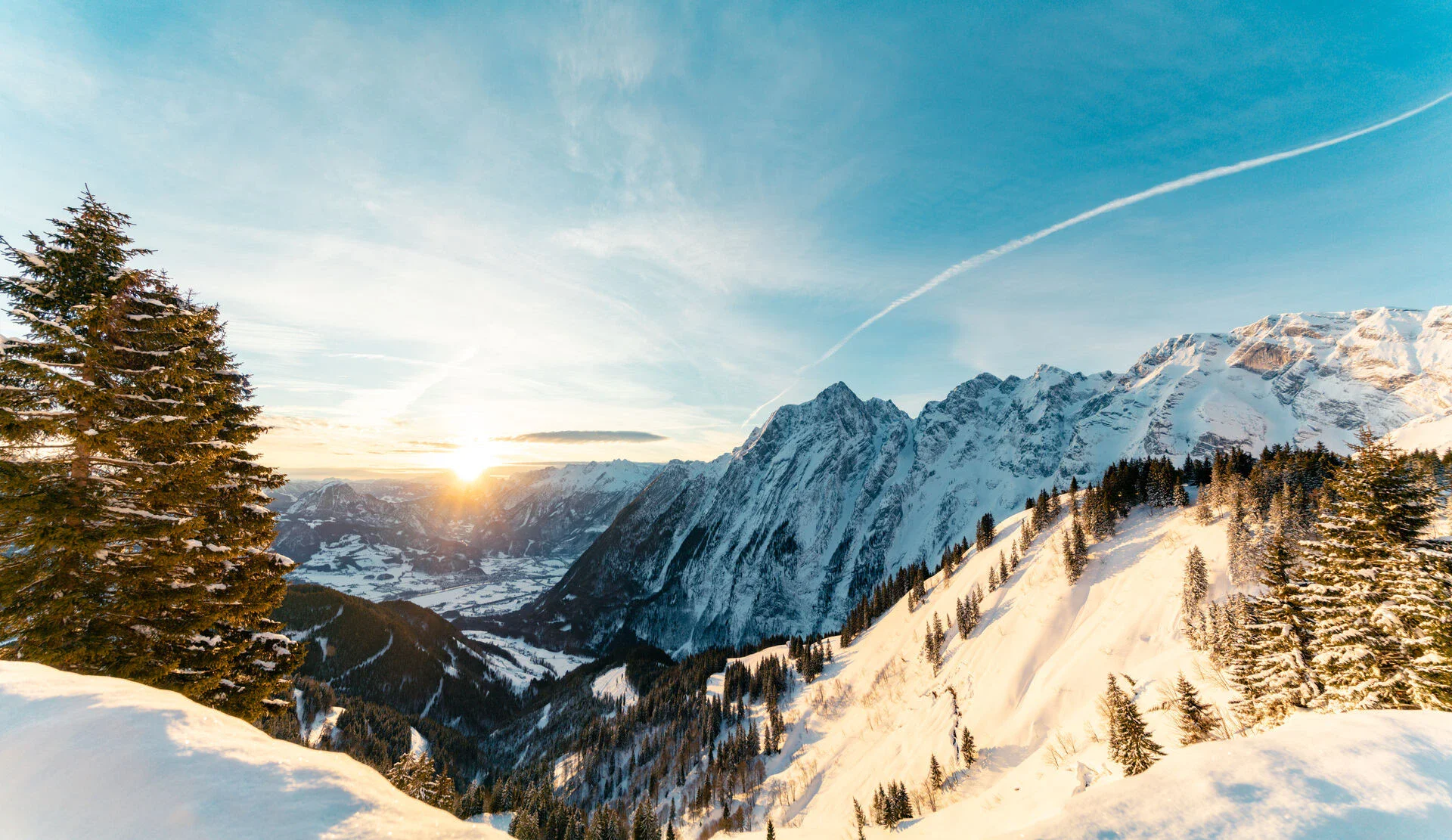 Winterliche Berglandschaft mit schneebedeckten Gipfeln und Tannenbäumen bei klarem Himmel und strahlender Morgensonne.