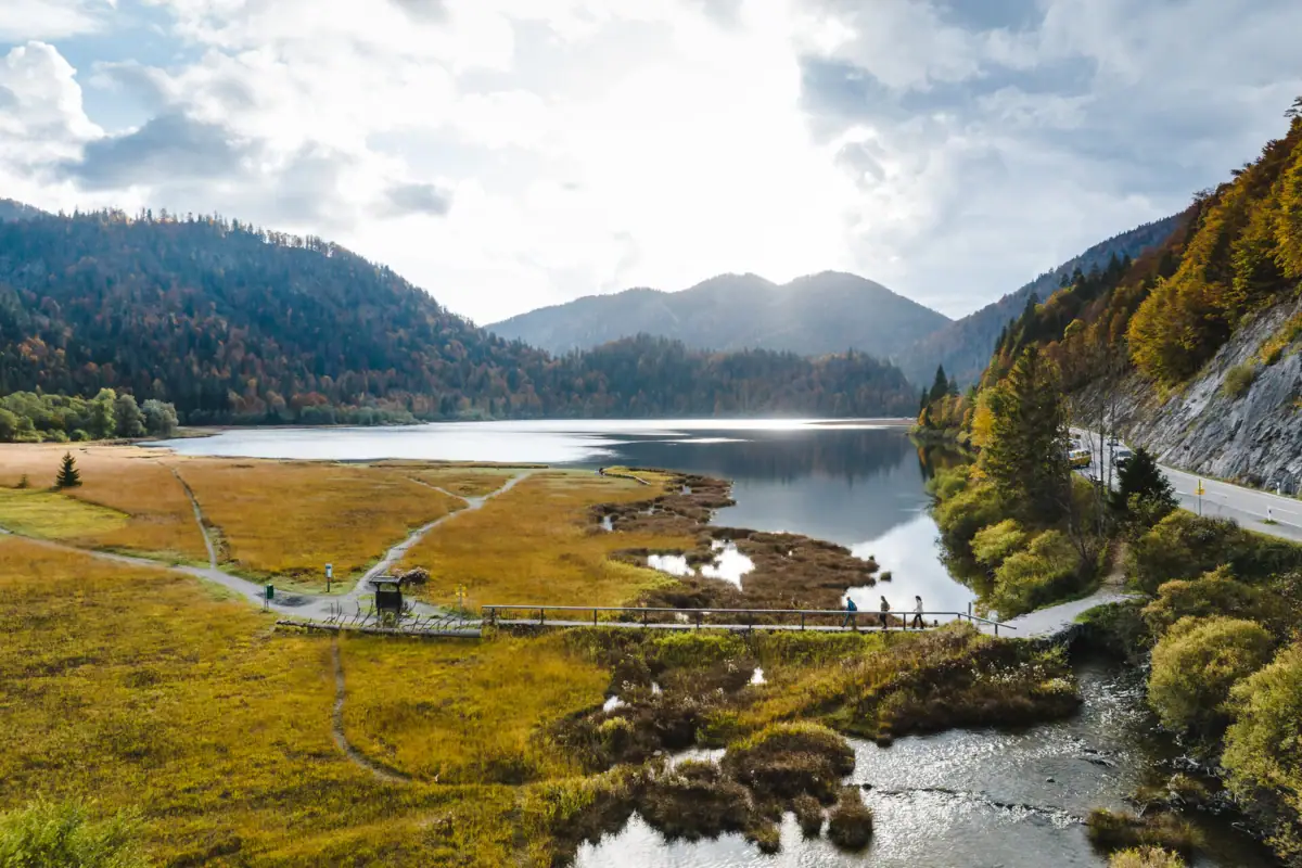 Drei Seen Gebiet Ein See mit Gras und Bäumen im Hintergrund.