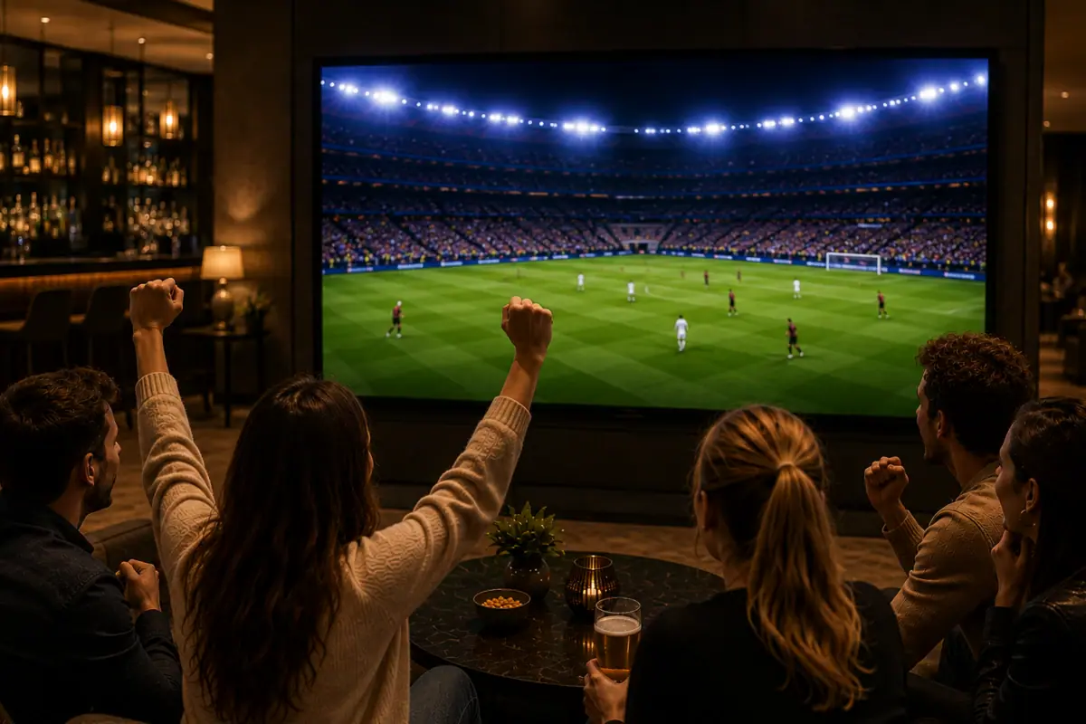 WM Fieber Eine Gruppe von Menschen sieht ein Fußballspiel im Fernsehen.
