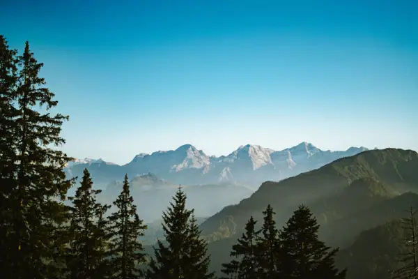 Bergpanorama Bergkette mit Bäumen.