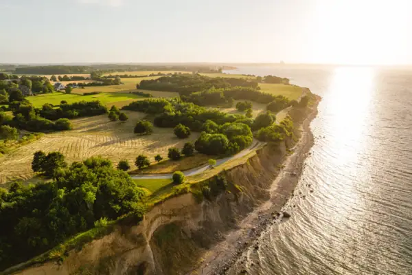 Steilufer Luftaufnahme eines Strandes mit einer Grasfläche und Bäumen und einem Steilufer.