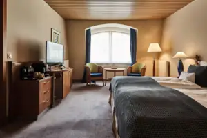 Junior Suite Ein Zimmer mit einem Bett und einem Fernseher.