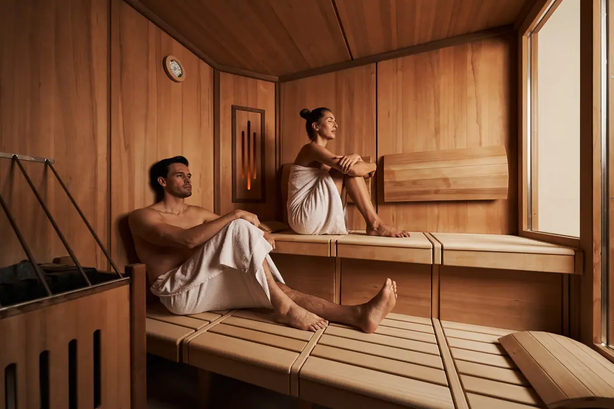 Private Sauna Ein Mann und eine Frau in einer Sauna.