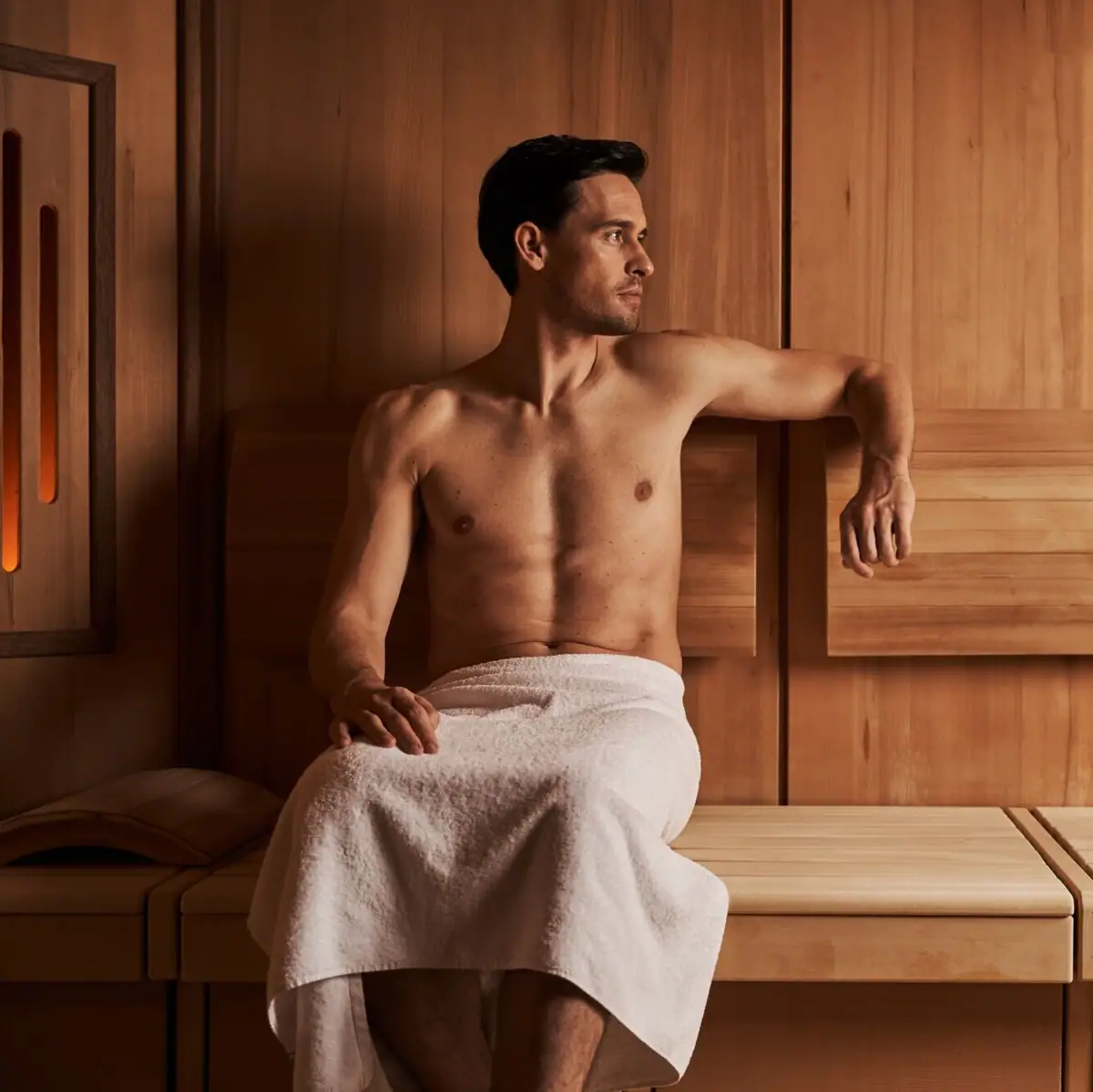 SPA Suite Ein Mann sitzt in einem Handtuch.