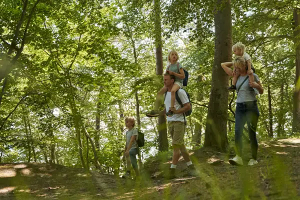 Familienausflug Eine Gruppe von Menschen beim Wandern im Wald auf Usedom.