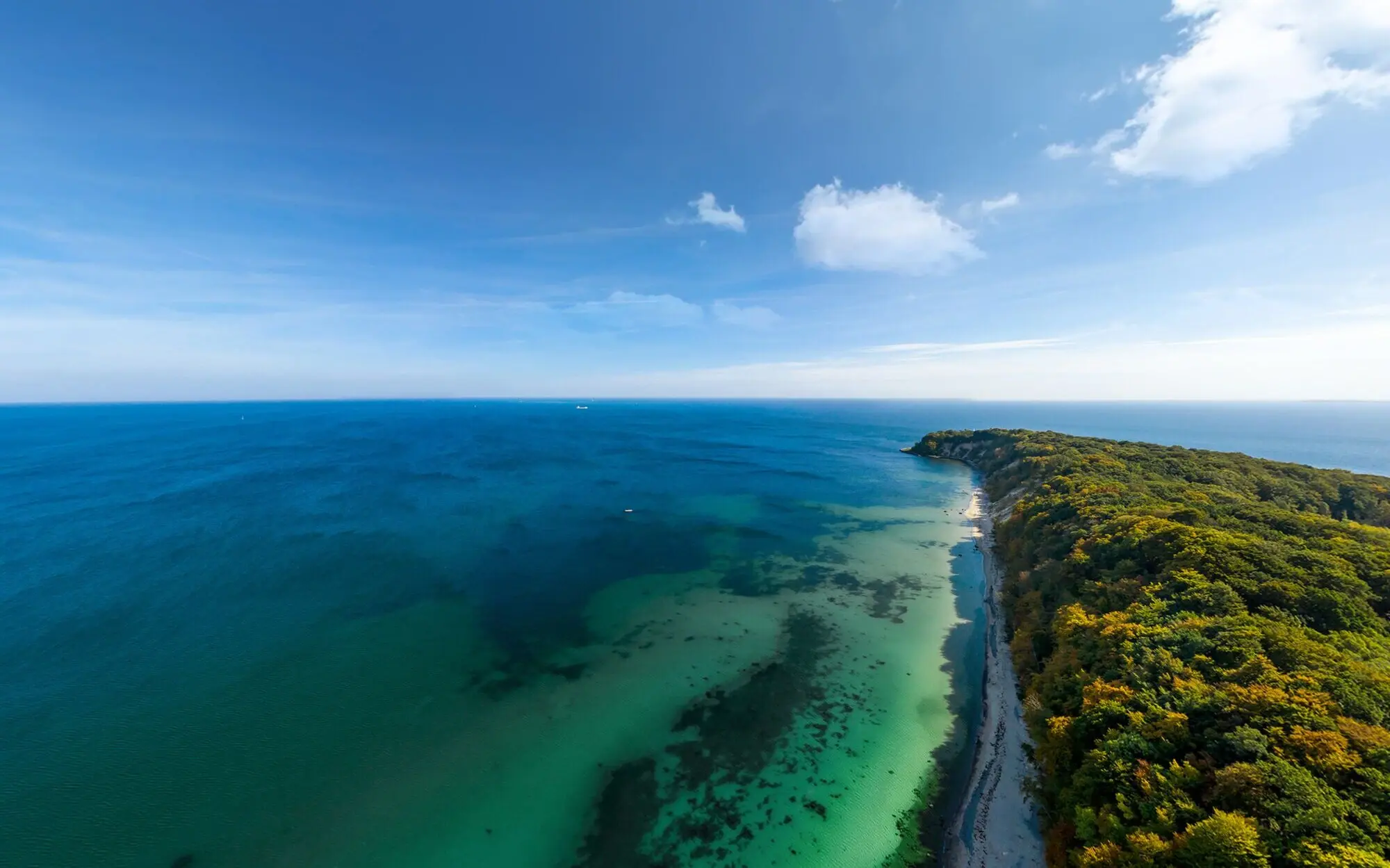 Strand mit Bäumen und Wasser, umgeben von einer klaren Himmelsansicht und Wolken.