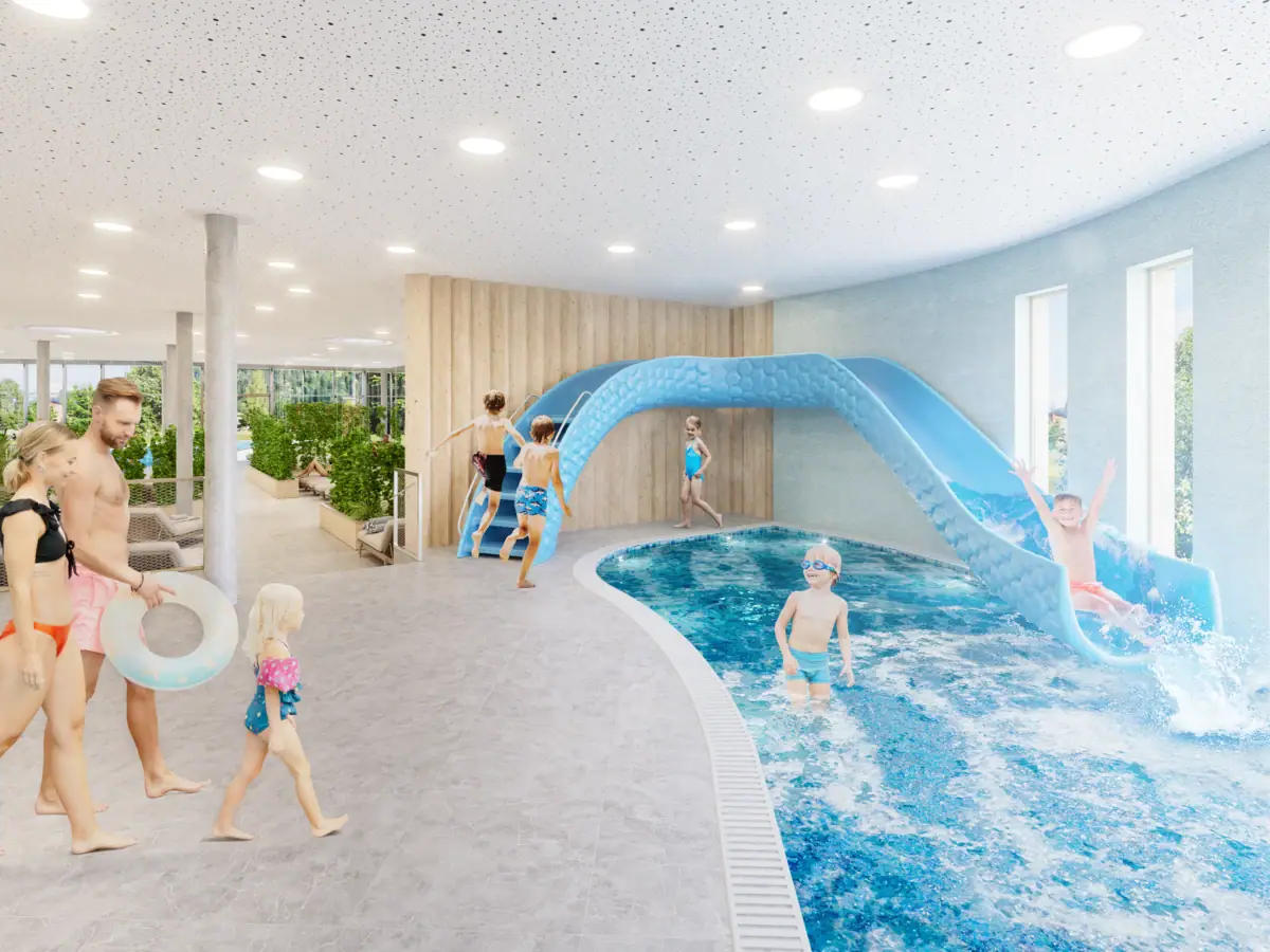 Eine Gruppe von Kindern im Schwimmbad.