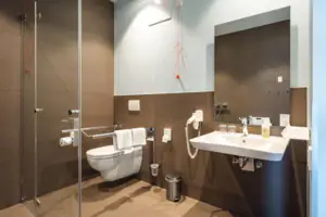 Behindertenfreundliches Zimmer Ein Badezimmer mit Dusche und Toilette.