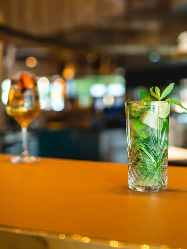 Drinks Ein Glas mit einer Flüssigkeit und einem grünen Blatt darauf.