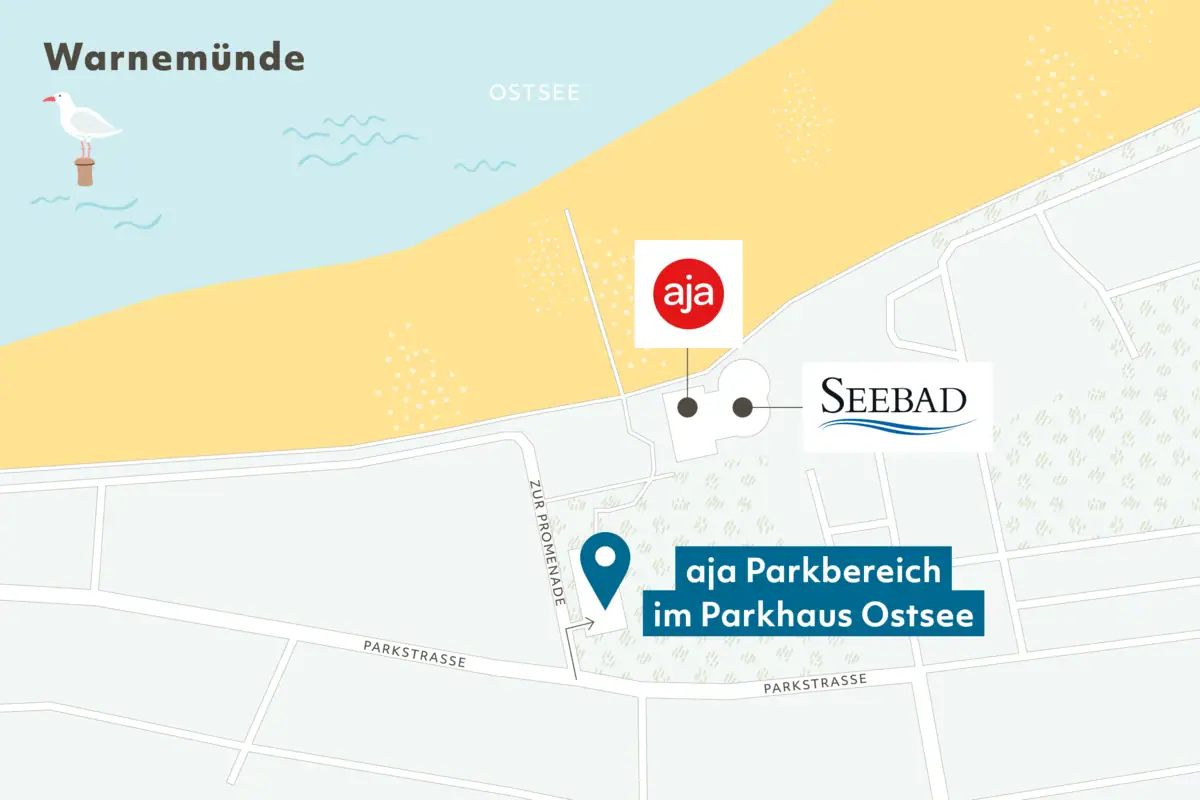 Lageplan Warnemünde Karte eines Strandes mit markierten Bereichen und Beschriftungen.