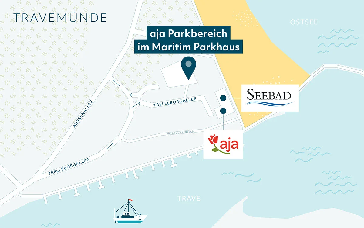 Anfahrt aja Travemünde Eine vereinfachte Ansicht der Anfahrt zum aja Travemünde in Kartenform.
