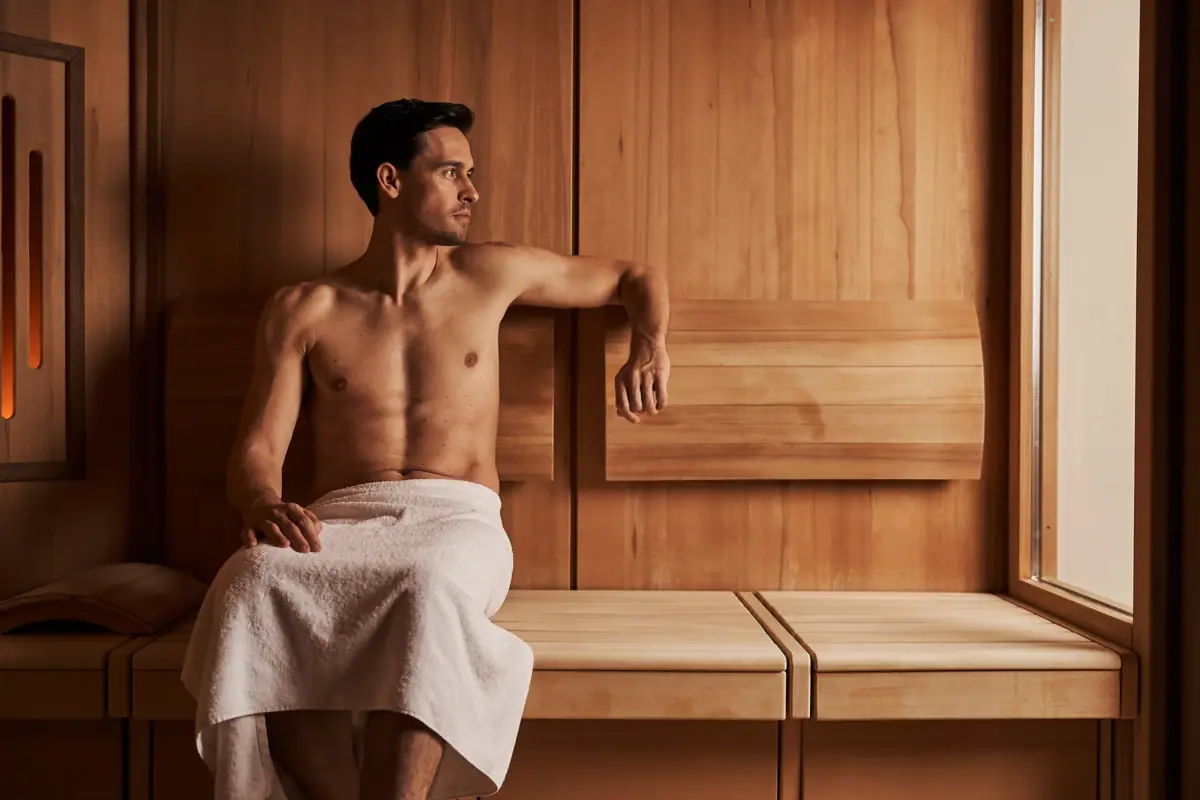 Sauna im aja Fürstenhaus am Achensee Ein Mann sitzt in der Sauna im aja Fürstenhaus am Achensee im Winter.