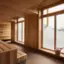 Helle Sauna mit Holzverkleidung und großzügigen Fenstern, die einen leicht getrübten Blick auf die umliegenden Berge ermöglichen.