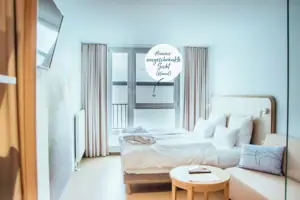 aja Spar-Zimmer Ein Bett in einem Raum mit einem Tisch und Stühlen.