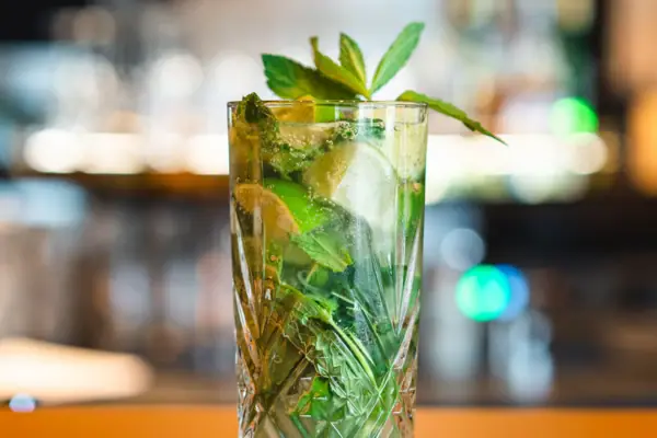 aja Cocktail Ein Glas mit einem Cocktail aus Limetten und Minzblättern aus der aja Bar Ruhpolding.