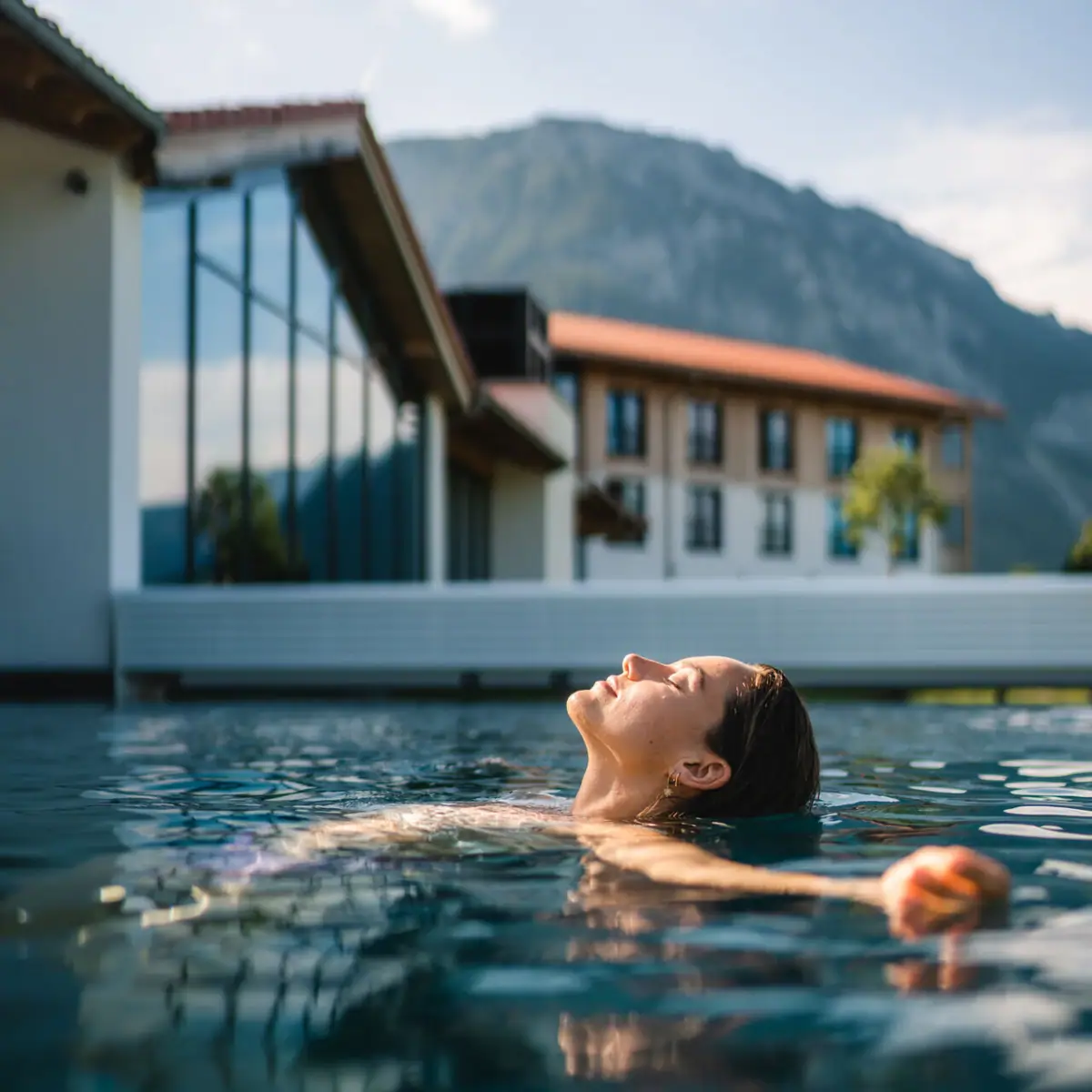 Außenpool im aja Ruhpolding Eine Frau schwimmt in einem Pool.