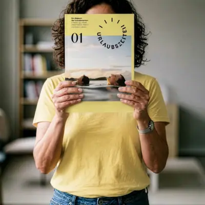 Urlaubszeiten Eine Frau hält das Urlaubszeiten Magazin vor ihr Gesicht.