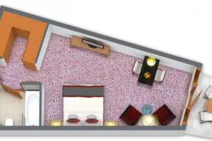 Grundriss Grundriss eines Raumes mit Fenster und Gebäudestruktur.