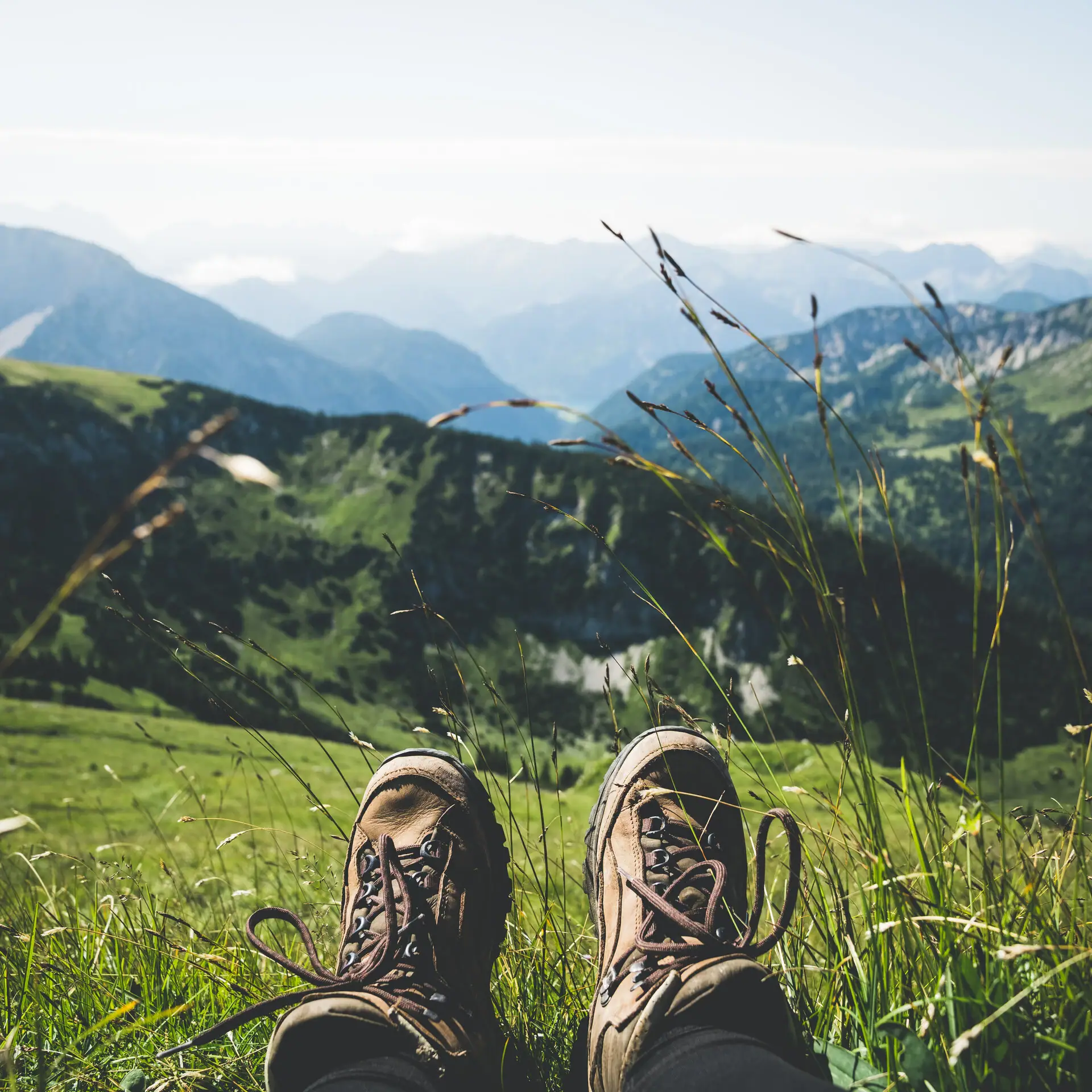 Wandern Beine einer Person in einem grasbewachsenen Gebiet mit Bergen im Hintergrund.