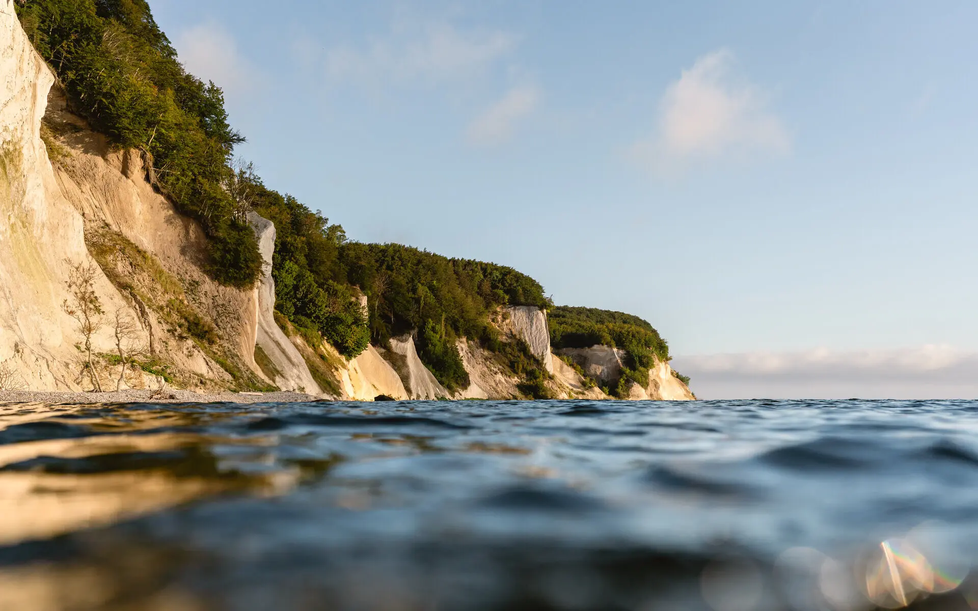 Ein Gewässer mit einer Klippe und Bäumen.