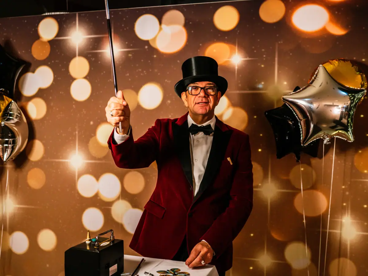 Silvester im aja Travemünde Ein Mann im roten Anzug und Zylinder hält einen Stock.