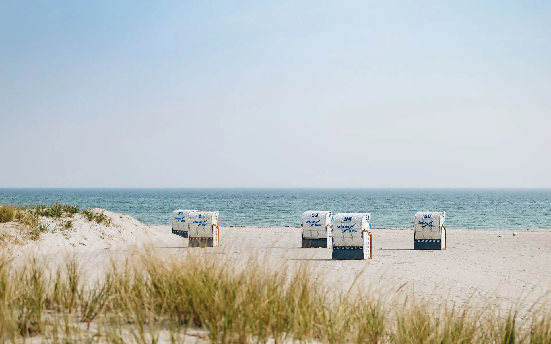 Strand Grömitz Eine Gruppe weißer Strandkörbe am Strand.