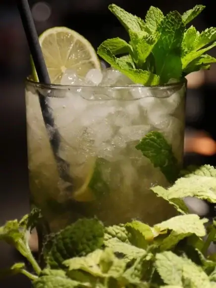 Mojito Ein Glas mit Eis und Limettengarnitur.