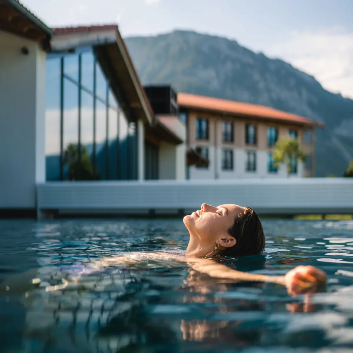 Außenpool Eine Frau schwimmt in einem Pool im Freien.